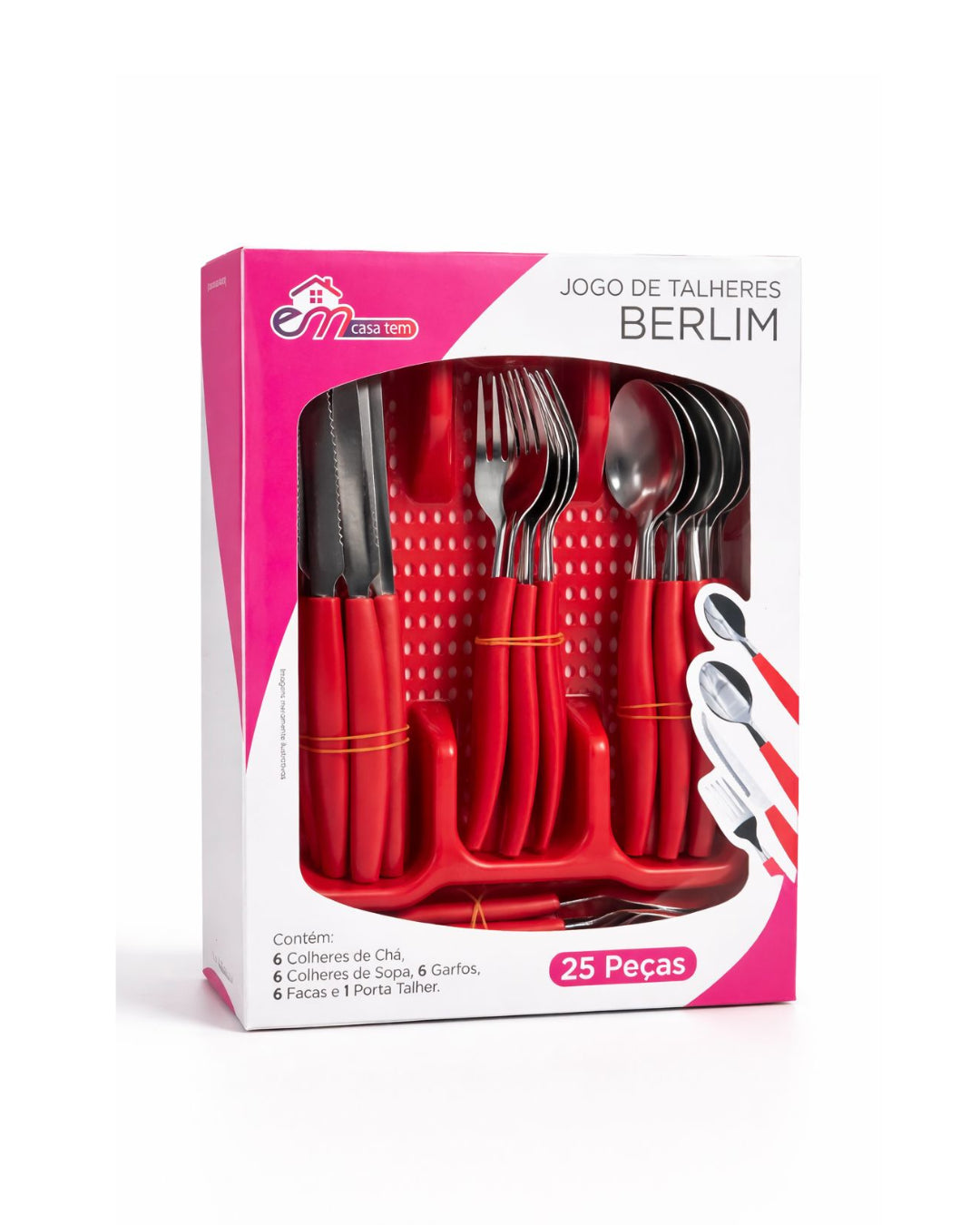 Jogo de Talheres Berlim 25 Peças Vermelho Moderno + Porta Talher Incluso
