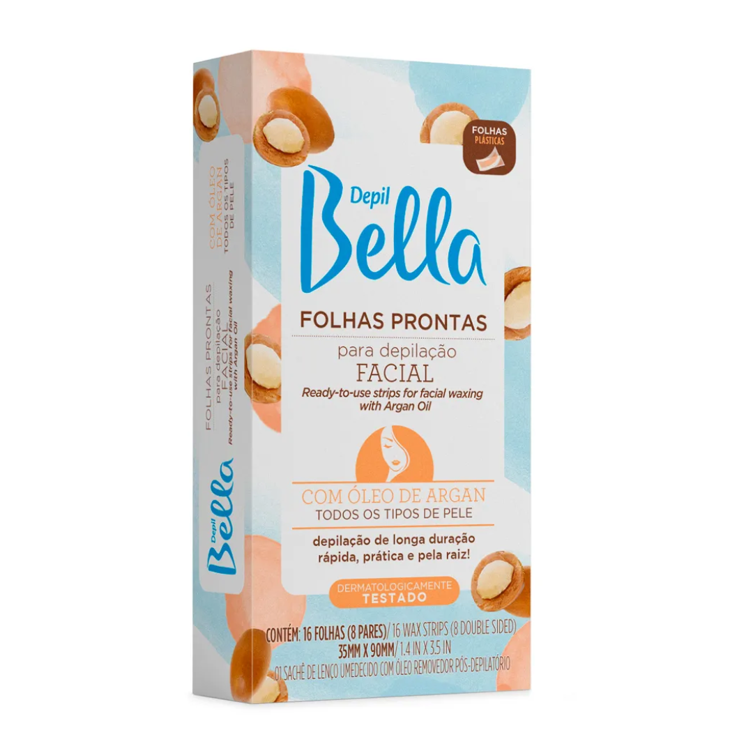 Folhas Prontas para Depilação Depil Bella Facial Óleo de Argan com 16 Unidades